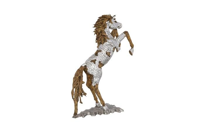 Mustang Horse Armored Sculpture, Rearing, Wood Base