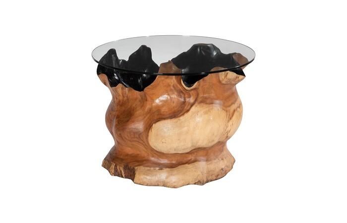 Suar Wood Side Table, With Glass Top, Black Finish