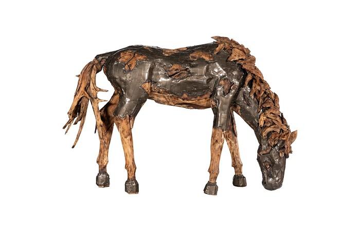 Mustang Horse Armored  Sculpture, Grazing, Natural Bronze Finish