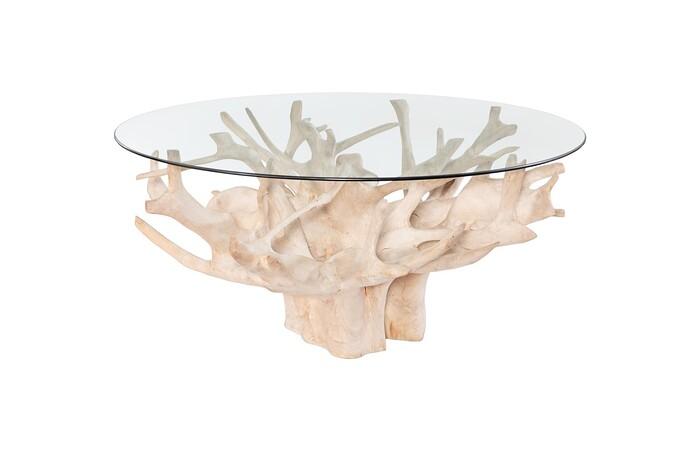 Teak Root Dining Table, Bleached, 63 Dia” Glass Top