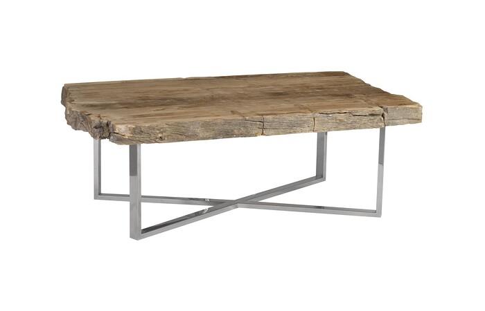 Petrified Wood Coffee Table, Rectangle, Stainelss Steel Base