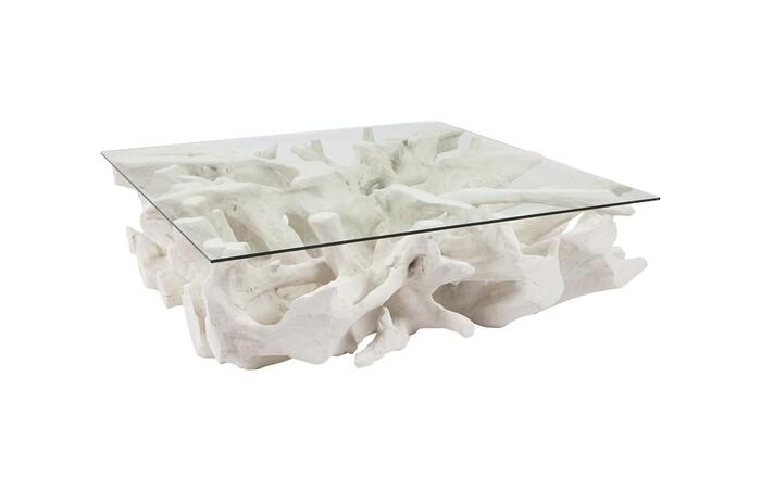 Cast Root Coffee Table, White Stone, With Glass
