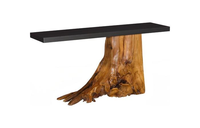 Plinth Console Table, Teak Root with Iron Top, Small