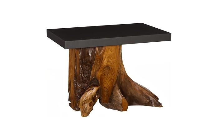Plinth Side Table, Teak Root with, Iron Top