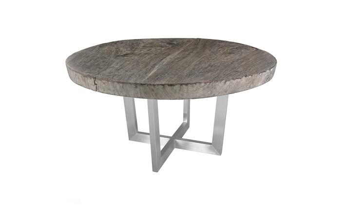 Chuleta Round Dining Table on Stainless Steel Base, Gray Stone