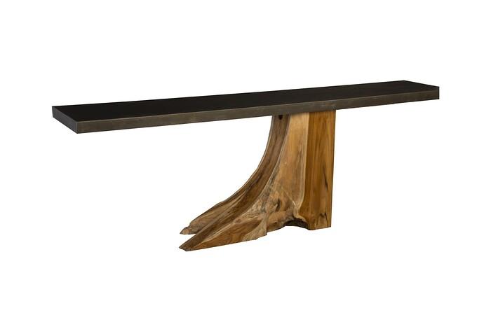 Plinth Console Table, Teak Root with Iron Top, Large