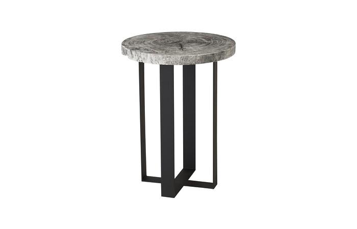 Chuleta Bar Table on Black Metal Base, Chamcha Wood, Gray Stone